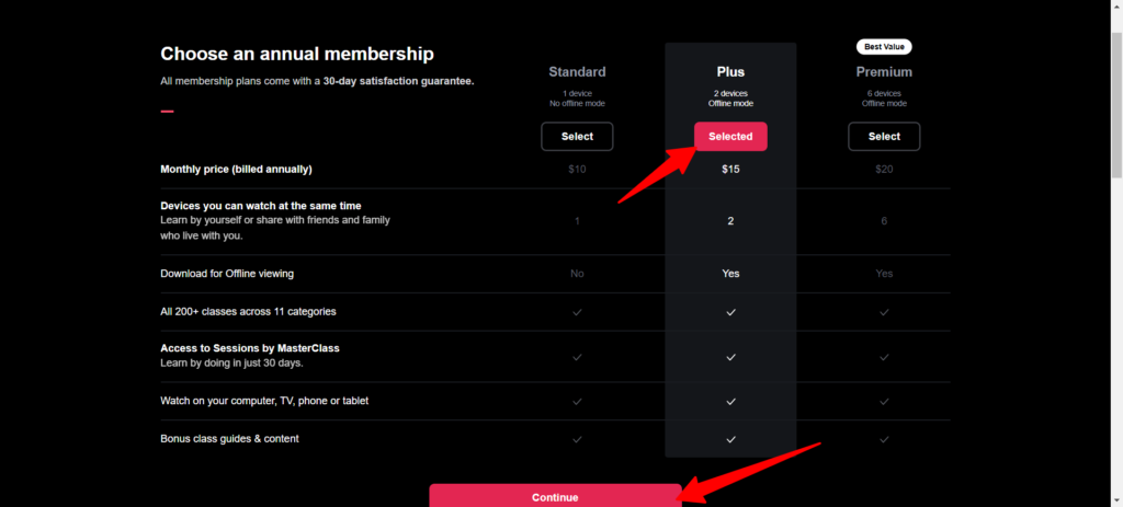 MasterClass pricing section